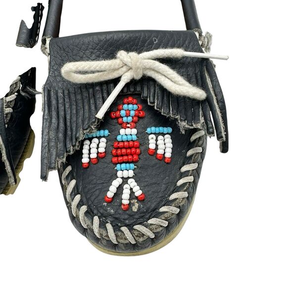 Minnetonka Thunderbird Boat Moccasins Beaded Fringe 179 Leather Womens Sz 7 Blue - Picture 4 of 6